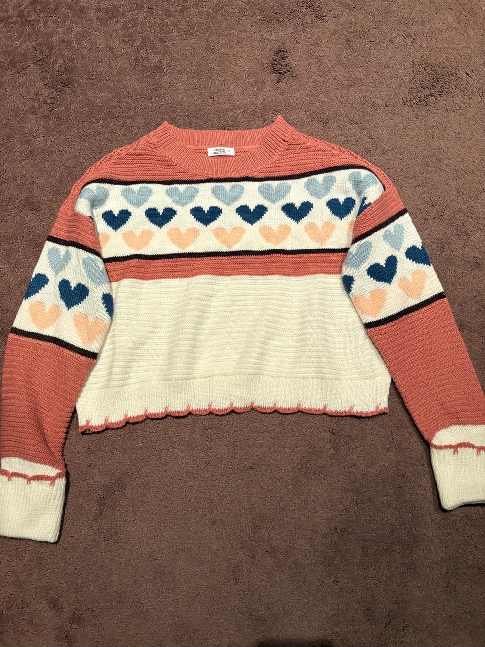 Ardene Coral, Cream & Navy Heart-Print Cropped Crewneck Sweater
